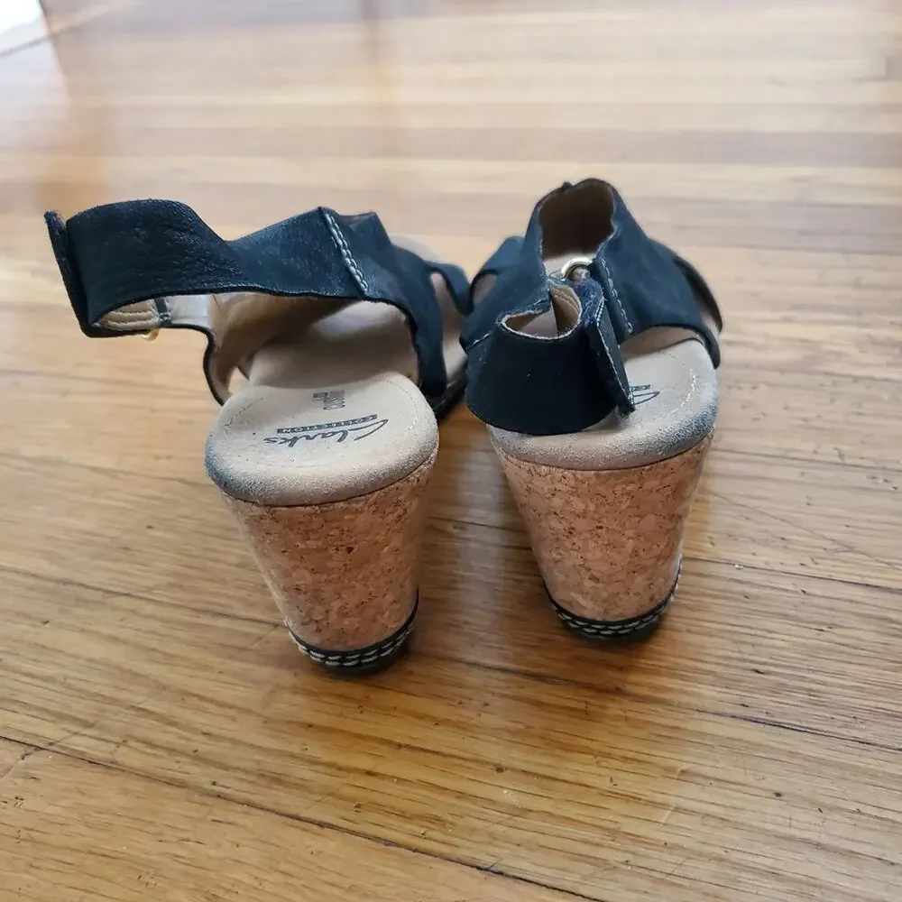 Clarks Black Wedge Peep Toe Sandals 9.5